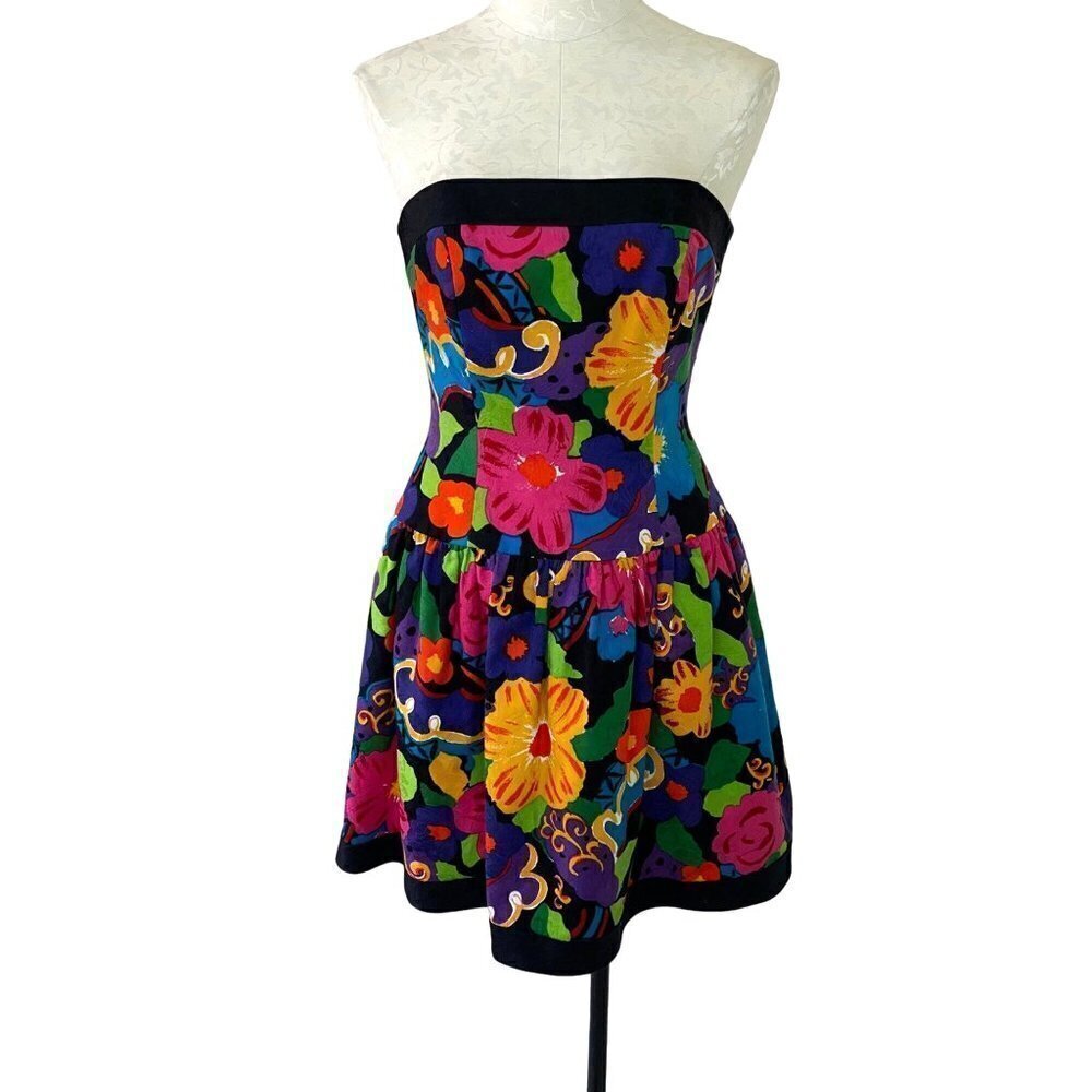 A.J. Bari Vintage Womens Dress Size 6 Multicolor Floral Strapless Fit And Flare